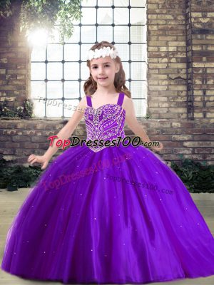 Fashionable Straps Sleeveless Lace Up Little Girls Pageant Dress Wholesale Purple Tulle