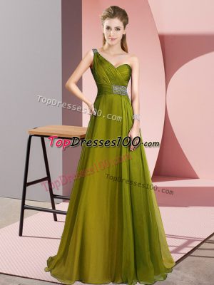 Stylish Sleeveless Chiffon Brush Train Criss Cross Prom Evening Gown in Olive Green with Beading