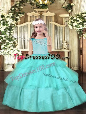 Aqua Blue Ball Gowns Scoop Sleeveless Organza Floor Length Zipper Beading Kids Formal Wear