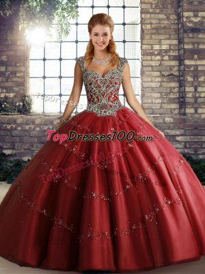 Wine Red Lace Up Sweet 16 Dress Beading and Appliques Sleeveless Floor Length