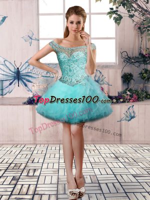 Stylish Aqua Blue Ball Gowns Tulle Off The Shoulder Sleeveless Beading and Ruffles Mini Length Lace Up Winning Pageant Gowns