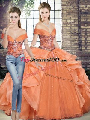 Graceful Off The Shoulder Sleeveless Quinceanera Gowns Floor Length Beading and Ruffles Orange Organza