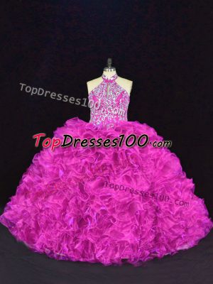 Floor Length Fuchsia Sweet 16 Dress Organza Sleeveless Beading and Ruffles