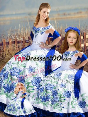 Blue And White Sweet 16 Dress Sweet 16 and Quinceanera with Embroidery and Ruffles Off The Shoulder Sleeveless Lace Up