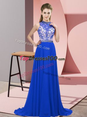 Chic Halter Top Sleeveless Dress for Prom Brush Train Beading Blue Chiffon