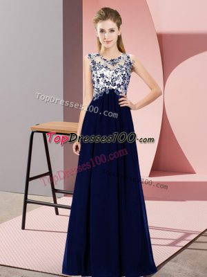 Stunning Royal Blue Empire Beading and Appliques Bridesmaids Dress Zipper Chiffon Sleeveless Floor Length