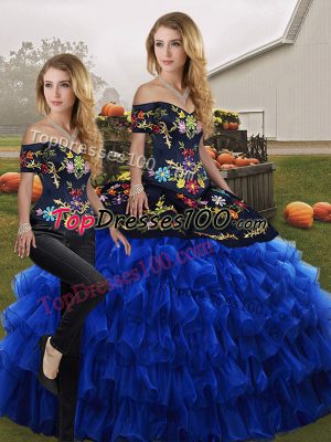 Blue And Black Two Pieces Embroidery and Ruffled Layers Quince Ball Gowns Lace Up Organza Sleeveless Floor Length