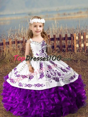 Lovely Purple Ball Gowns Straps Sleeveless Organza Floor Length Lace Up Embroidery and Ruffles Girls Pageant Dresses