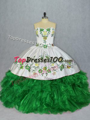 Floor Length Lace Up Quinceanera Dress Green for Sweet 16 and Quinceanera with Embroidery and Ruffles