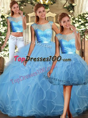 Super Baby Blue Scoop Neckline Lace and Ruffles Quinceanera Dress Sleeveless Backless