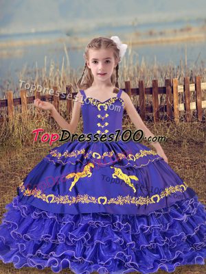 Amazing Organza Straps Sleeveless Lace Up Beading and Embroidery and Ruffled Layers Girls Pageant Dresses in Blue