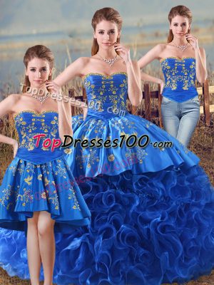Stylish Royal Blue Lace Up Quinceanera Dresses Embroidery and Ruffles Sleeveless Floor Length