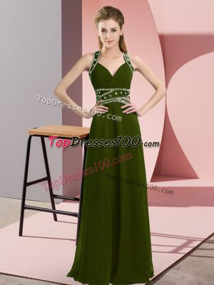 Lovely Olive Green Chiffon Backless Prom Dress Sleeveless Floor Length Beading