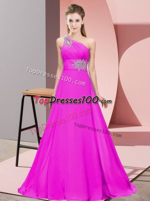 Gorgeous Fuchsia Sleeveless Beading and Ruching Floor Length Prom Gown