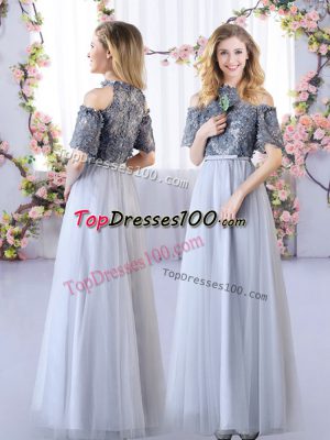 Cheap Floor Length Grey Bridesmaid Gown Off The Shoulder Short Sleeves Zipper