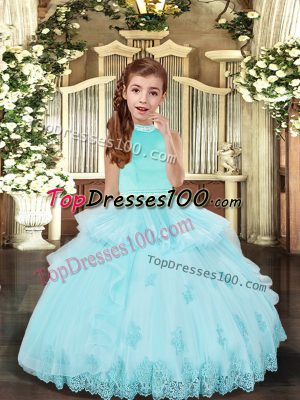 Tulle Halter Top Sleeveless Backless Beading and Appliques Little Girls Pageant Gowns in Aqua Blue