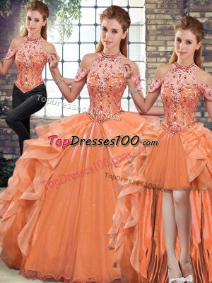 Decent Three Pieces Vestidos de Quinceanera Orange Halter Top Organza Sleeveless Floor Length Lace Up