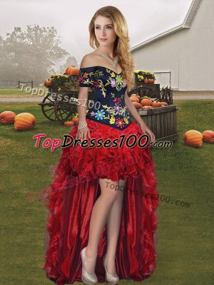 A-line Prom Evening Gown Wine Red Off The Shoulder Organza Sleeveless High Low Lace Up