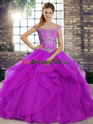 Chic Purple Lace Up Off The Shoulder Beading and Ruffles Sweet 16 Quinceanera Dress Tulle Sleeveless Brush Train