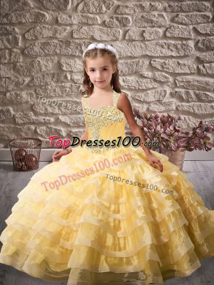 Tulle Sleeveless Pageant Dress for Girls Brush Train and Beading and Ruffled Layers
