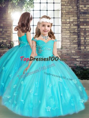 Floor Length Aqua Blue Little Girls Pageant Dress Straps Sleeveless Lace Up