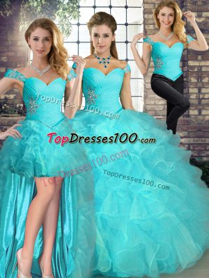 Fine Aqua Blue Sleeveless Floor Length Beading and Ruffles Lace Up 15th Birthday Dress
