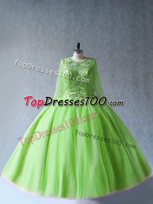 Dazzling Green Tulle Lace Up Scoop Long Sleeves Floor Length Quinceanera Gowns Beading