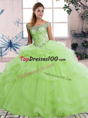 Yellow Green Tulle Lace Up Quinceanera Gown Sleeveless Floor Length Beading and Ruffles