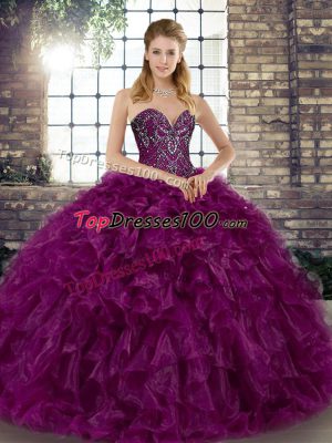 Dazzling Purple Sleeveless Organza Lace Up Sweet 16 Dresses for Military Ball and Sweet 16 and Quinceanera