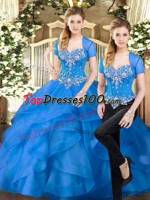 Blue Two Pieces Sweetheart Sleeveless Tulle Floor Length Lace Up Beading and Ruffles Vestidos de Quinceanera