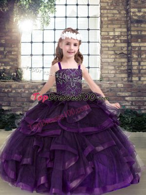 Classical Purple Ball Gowns Tulle Straps Sleeveless Beading and Ruffles Floor Length Lace Up Pageant Dress for Girls