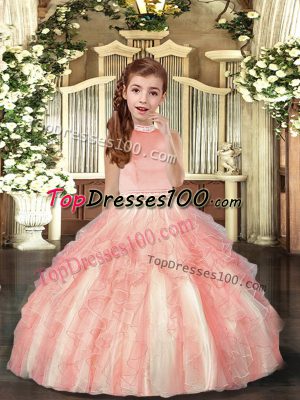 Sleeveless Floor Length Beading and Ruffles Backless Little Girl Pageant Dress with Peach