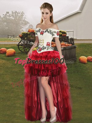 Beautiful Wine Red Lace Up Off The Shoulder Embroidery and Ruffled Layers Juniors Evening Dress Organza Sleeveless