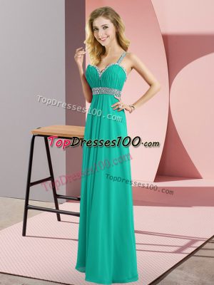 Turquoise Chiffon Criss Cross Straps Sleeveless Floor Length Prom Evening Gown Beading