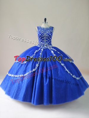 Best Royal Blue Scoop Zipper Beading Quince Ball Gowns Sleeveless