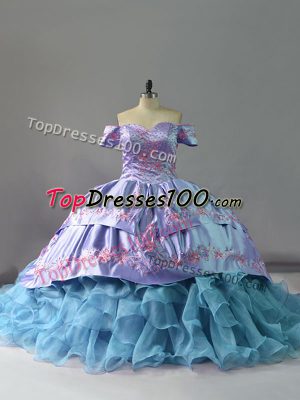Chapel Train Ball Gowns Ball Gown Prom Dress Blue Off The Shoulder Organza Sleeveless Lace Up
