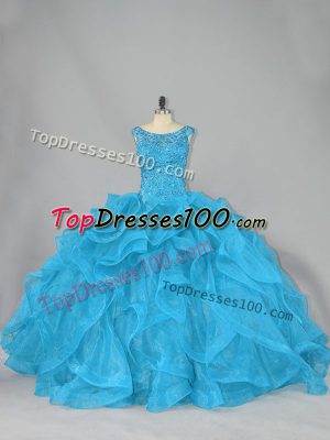 Aqua Blue Organza Lace Up Sweet 16 Dresses Sleeveless Brush Train Beading and Ruffles