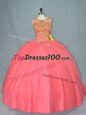 Lace Up Sweet 16 Quinceanera Dress Watermelon Red for Sweet 16 and Quinceanera with Beading Brush Train