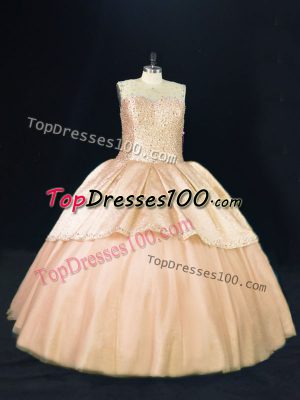 Peach Sleeveless Beading Floor Length Quince Ball Gowns