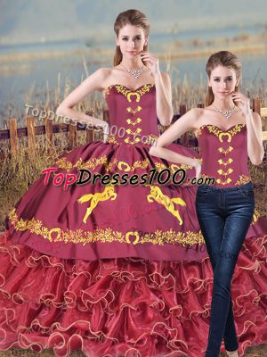Suitable Sweetheart Sleeveless Brush Train Lace Up Ball Gown Prom Dress Burgundy Satin and Organza