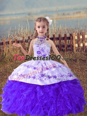 Trendy Lavender Little Girls Pageant Dress Wholesale Wedding Party with Beading and Embroidery and Ruffles Halter Top Sleeveless Lace Up