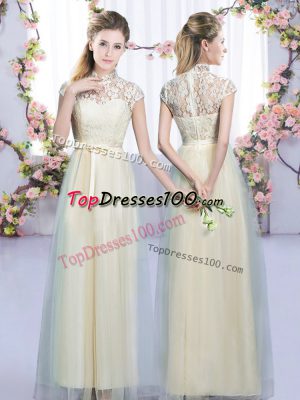 Deluxe Champagne Cap Sleeves Lace and Bowknot Floor Length Bridesmaids Dress