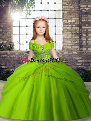 Tulle Sleeveless Floor Length Pageant Gowns For Girls and Beading