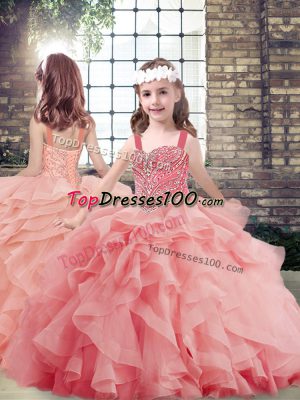 Custom Made Watermelon Red Sleeveless Tulle Lace Up Kids Pageant Dress for Party and Sweet 16 and Wedding Party