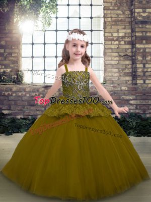 Trendy Floor Length Ball Gowns Sleeveless Olive Green Glitz Pageant Dress Lace Up