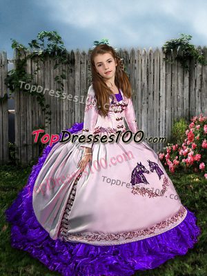 Trendy White Ball Gowns Satin and Organza Straps Sleeveless Embroidery and Ruffles Lace Up Girls Pageant Dresses Sweep Train