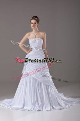 Fantastic Strapless Sleeveless Taffeta Wedding Gown Beading and Pick Ups and Hand Made Flower Brush Train Lace Up