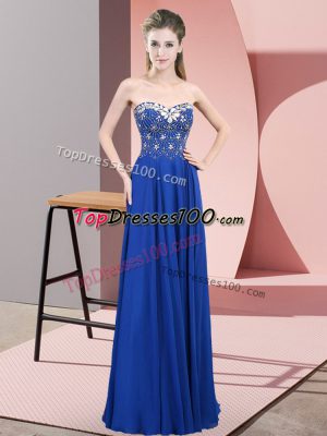 Sleeveless Chiffon Floor Length Zipper Party Dress for Toddlers in Blue with Beading