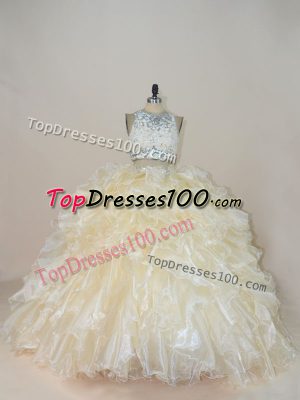 Zipper Quinceanera Gowns Champagne for Sweet 16 and Quinceanera with Beading and Lace Brush Train