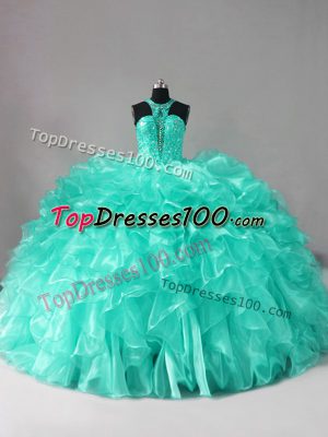 Fine Aqua Blue Ball Gowns Organza Halter Top Sleeveless Beading and Ruffles Zipper Sweet 16 Quinceanera Dress Brush Train